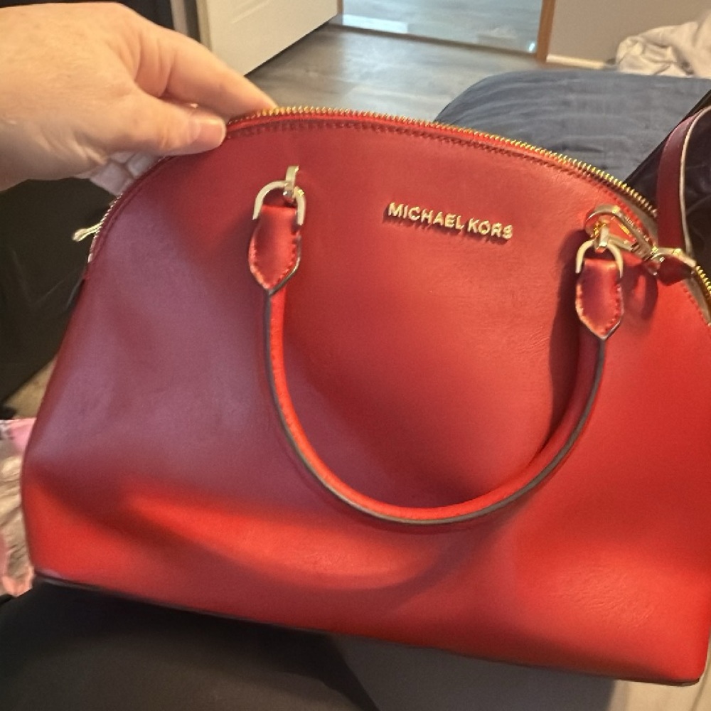 Michael Kors Red Leather Dome Satchel with Gold Accents